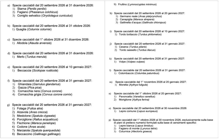 Specie cacciabili in calendario 2026